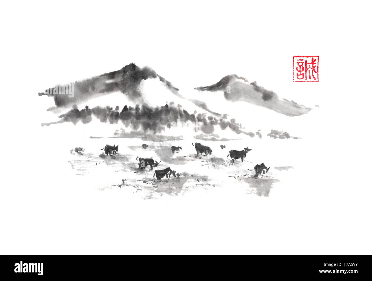 Japanese style sumie mountain pasture ink painting. Hieroglyph