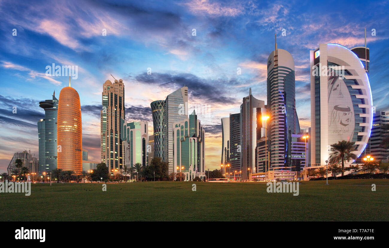 Doha skyline of West Bay Center during sunrise, Qatar Stock Photo