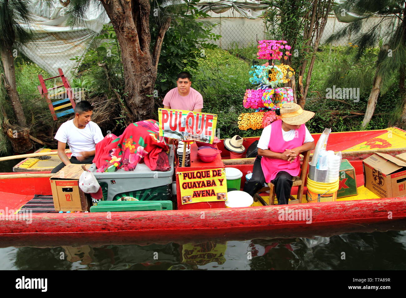 People selling pulque on the lake of Xochimilco district in Mexico city. Stock Photo