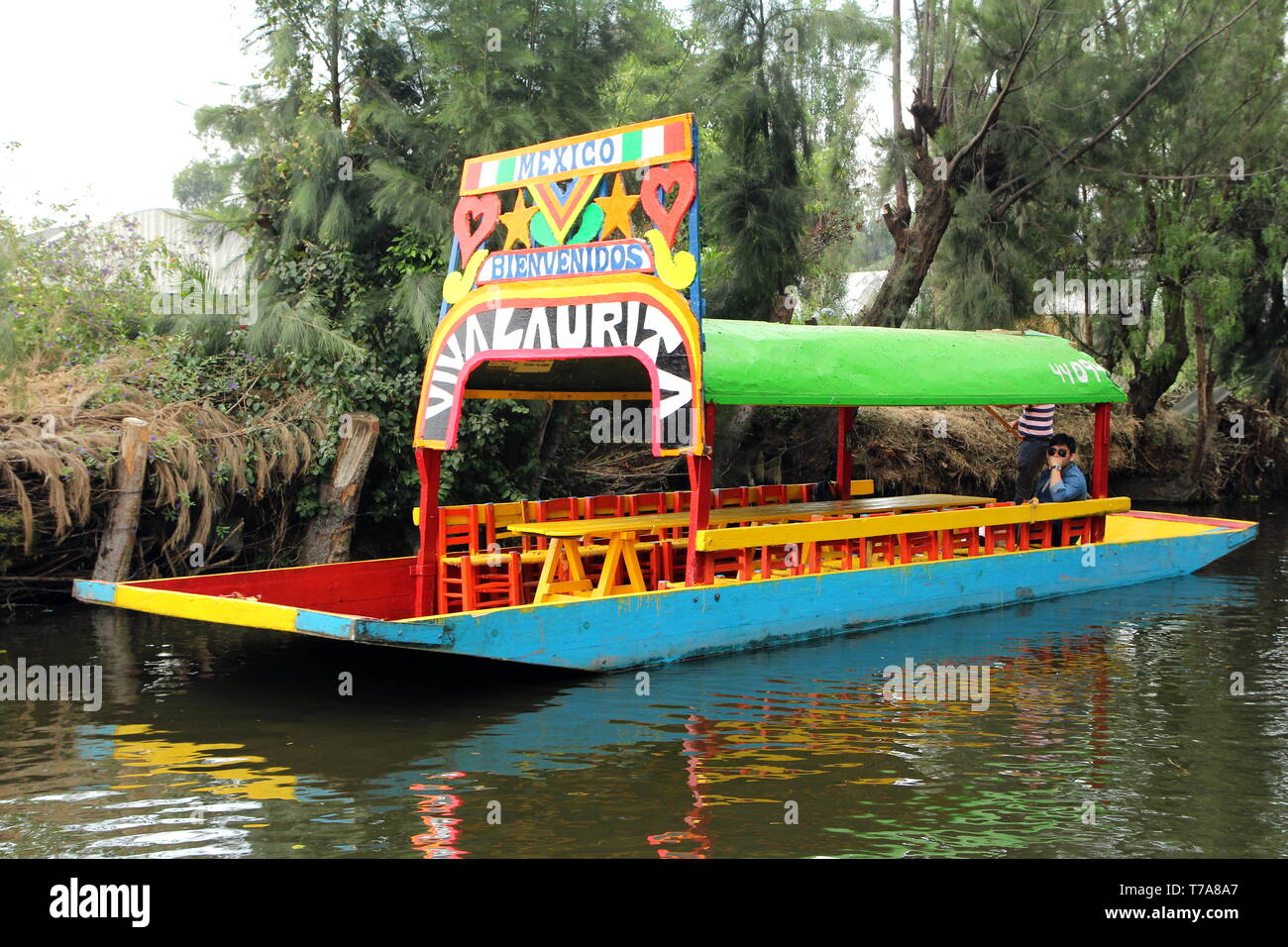 Trajinera in Xochimilco district in Mexico city. Stock Photo