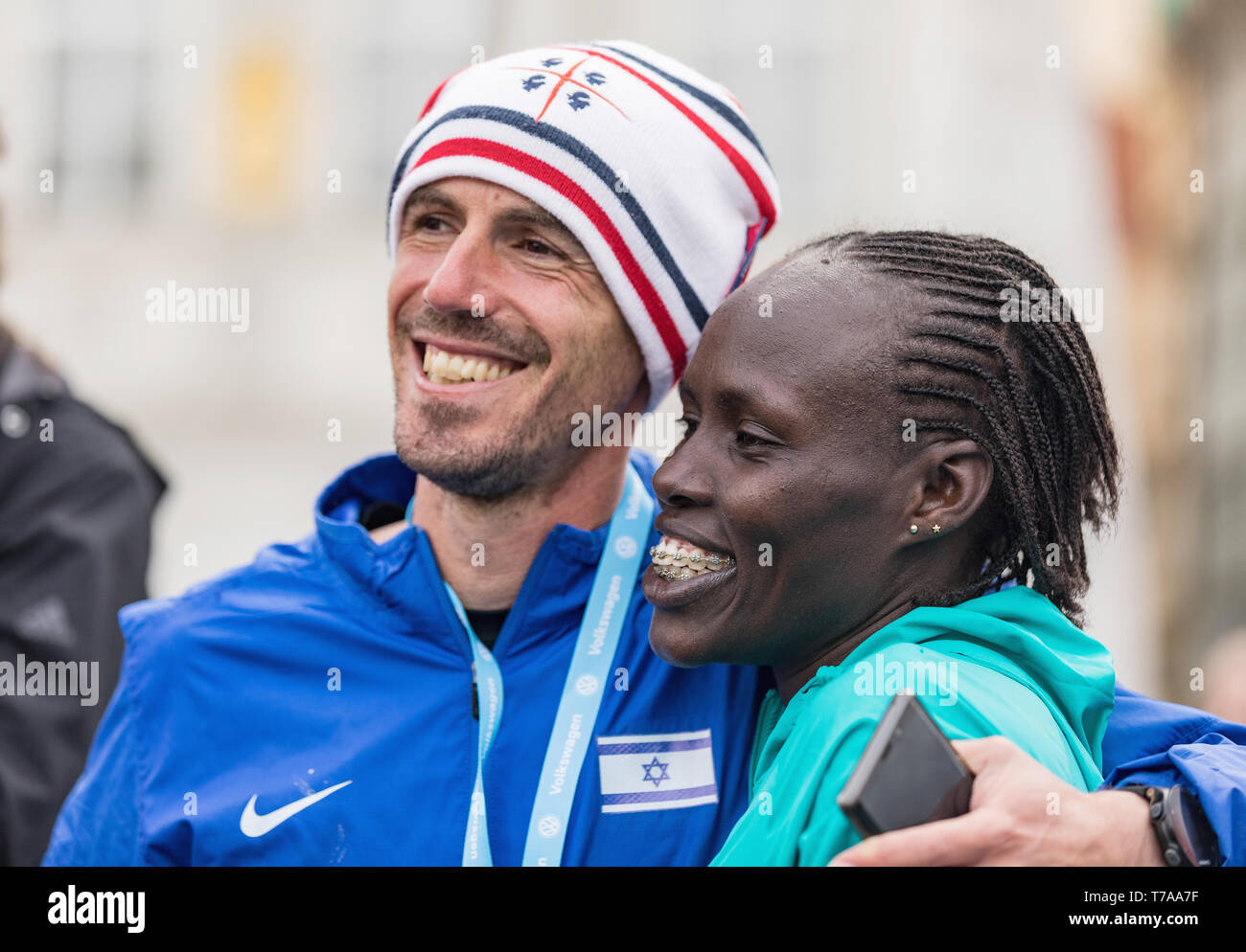 Prague, Czech Republic - May 5, 2019: Salpeter Lonah Chemtai at Marathon finish. Woman Winner of the Jubilee 25th Annual Volkswagen Prague Marathon at Stock Photo