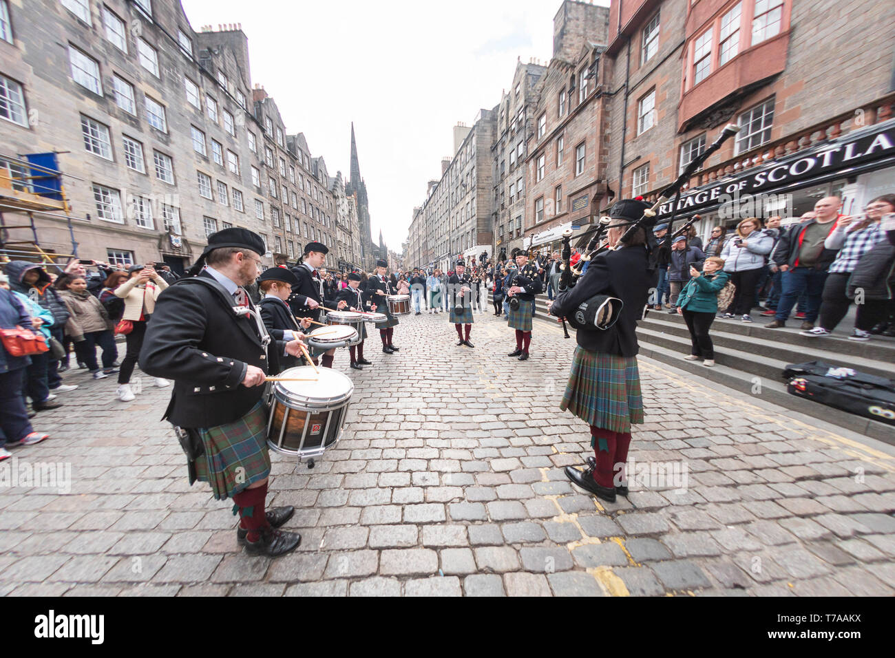 Sun 5 May 2019. Edinburgh, UK. A Scottish pipe band plays on the