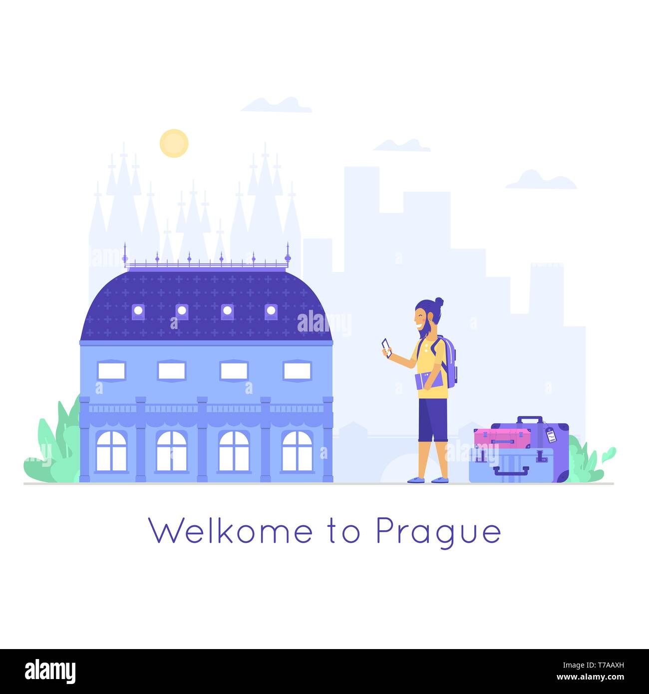 Young people with mobile, bag and baggage. Old and famous national theatre. Czech architecture city symbol of Czech Republic. Travel banner. Vector il Stock Vector