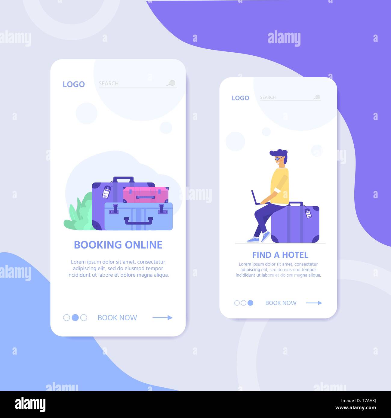 Young man with laptop, bag and baggage. Travel and tourism concept for