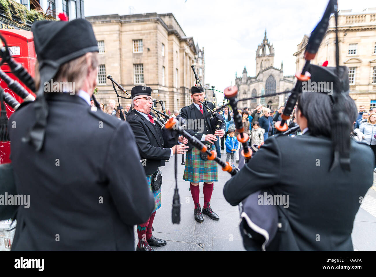 Sun 5 May 2019. Edinburgh, UK. A Scottish pipe band plays on the