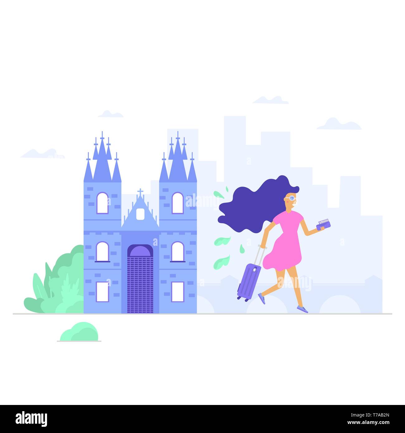 Young people with map, bag and baggage. Old and famous Church of Our Lady. Czech architecture city symbol of Czech Republic. Travel banner. Vector ill Stock Vector