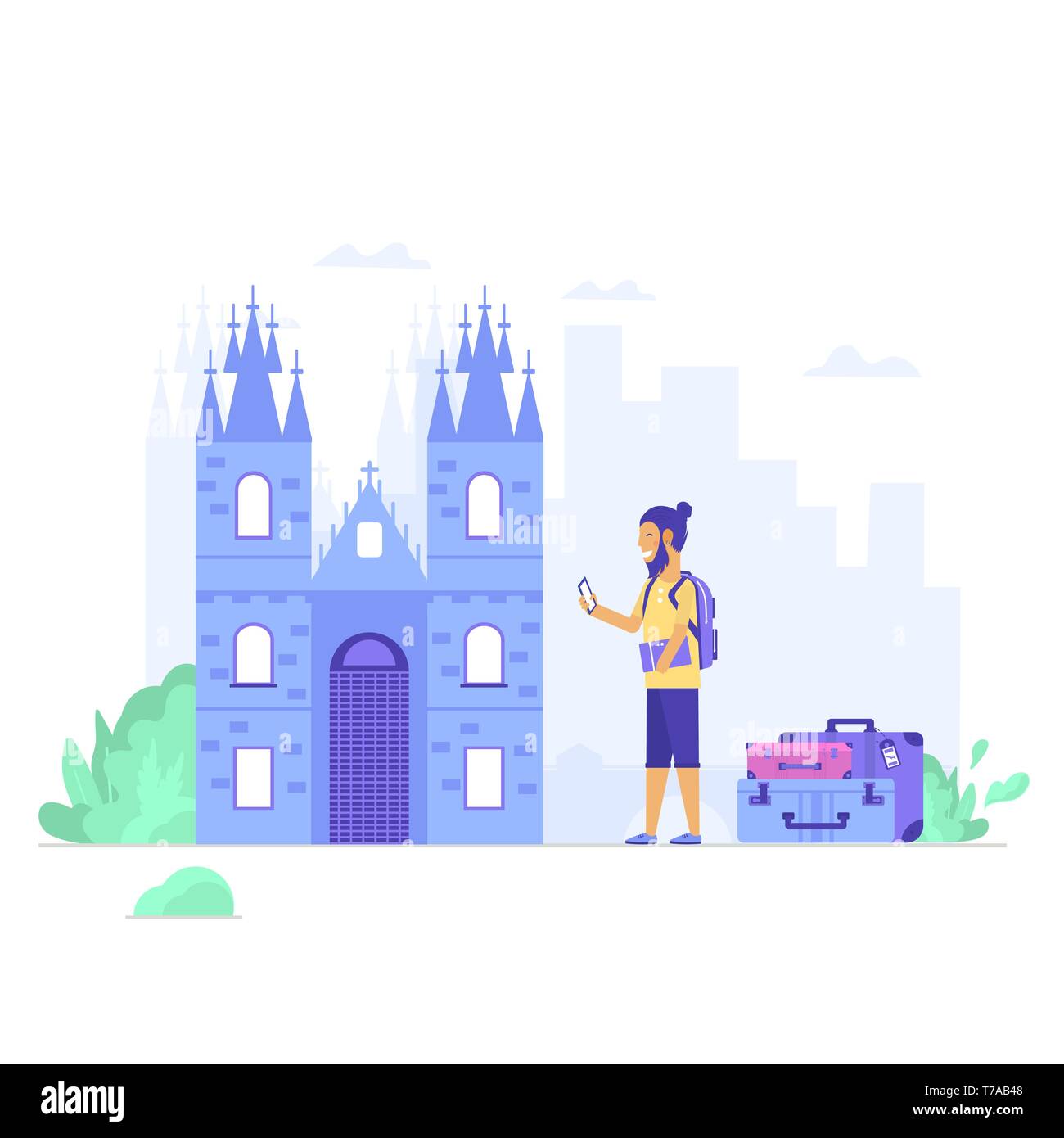 Young people with map, bag and baggage. Old and famous Church of Our Lady. Czech architecture city symbol of Czech Republic. Travel banner. Vector ill Stock Vector
