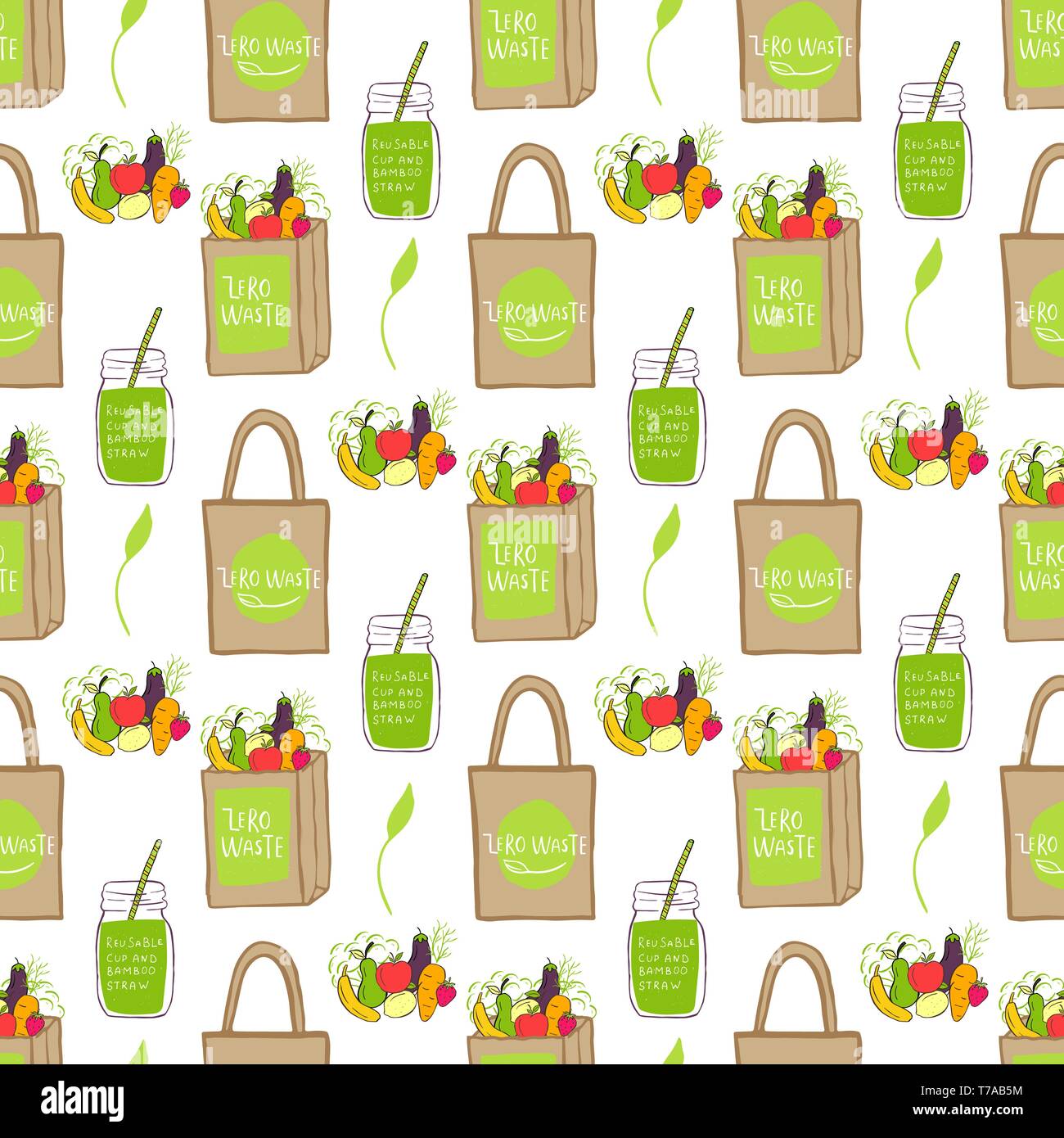 Seamless pattern. Hand drawn Zero waste vector design. No plastic ...
