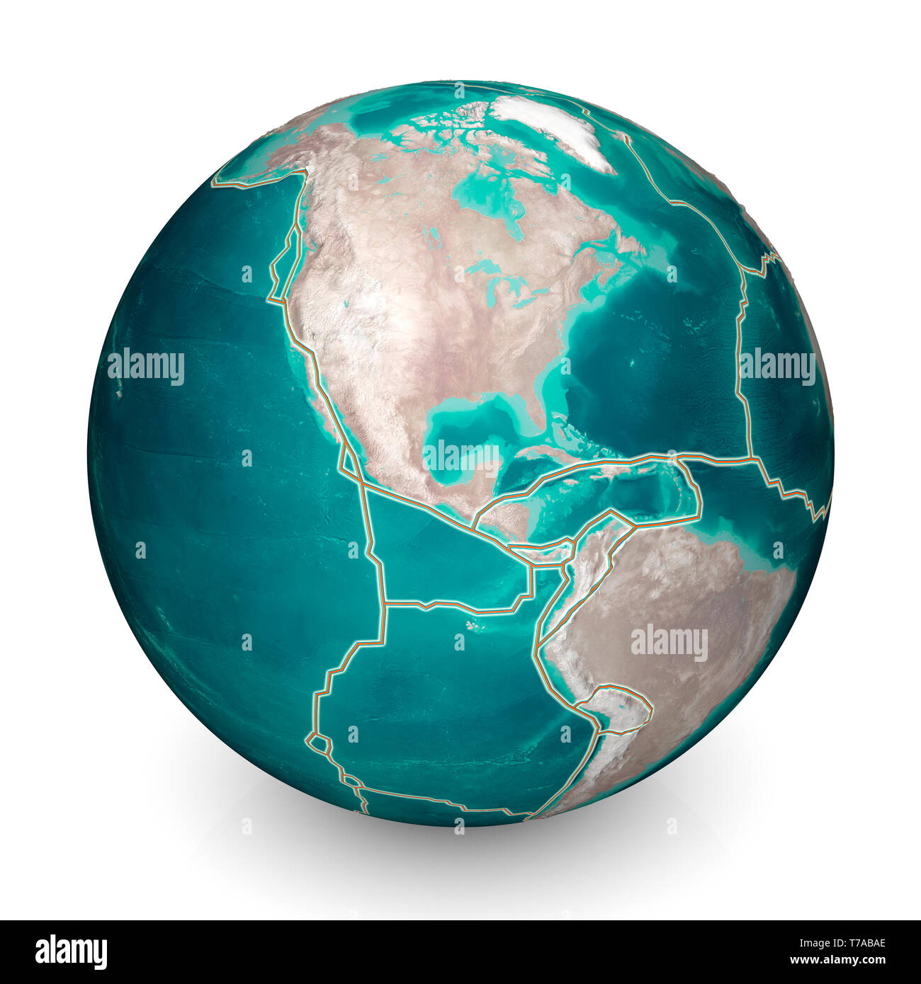 Tectonic plates move constantly, making new areas of ocean floor, building mountains, causing earthquakes, and creating volcanoes. 3d rendering. Map Stock Photo