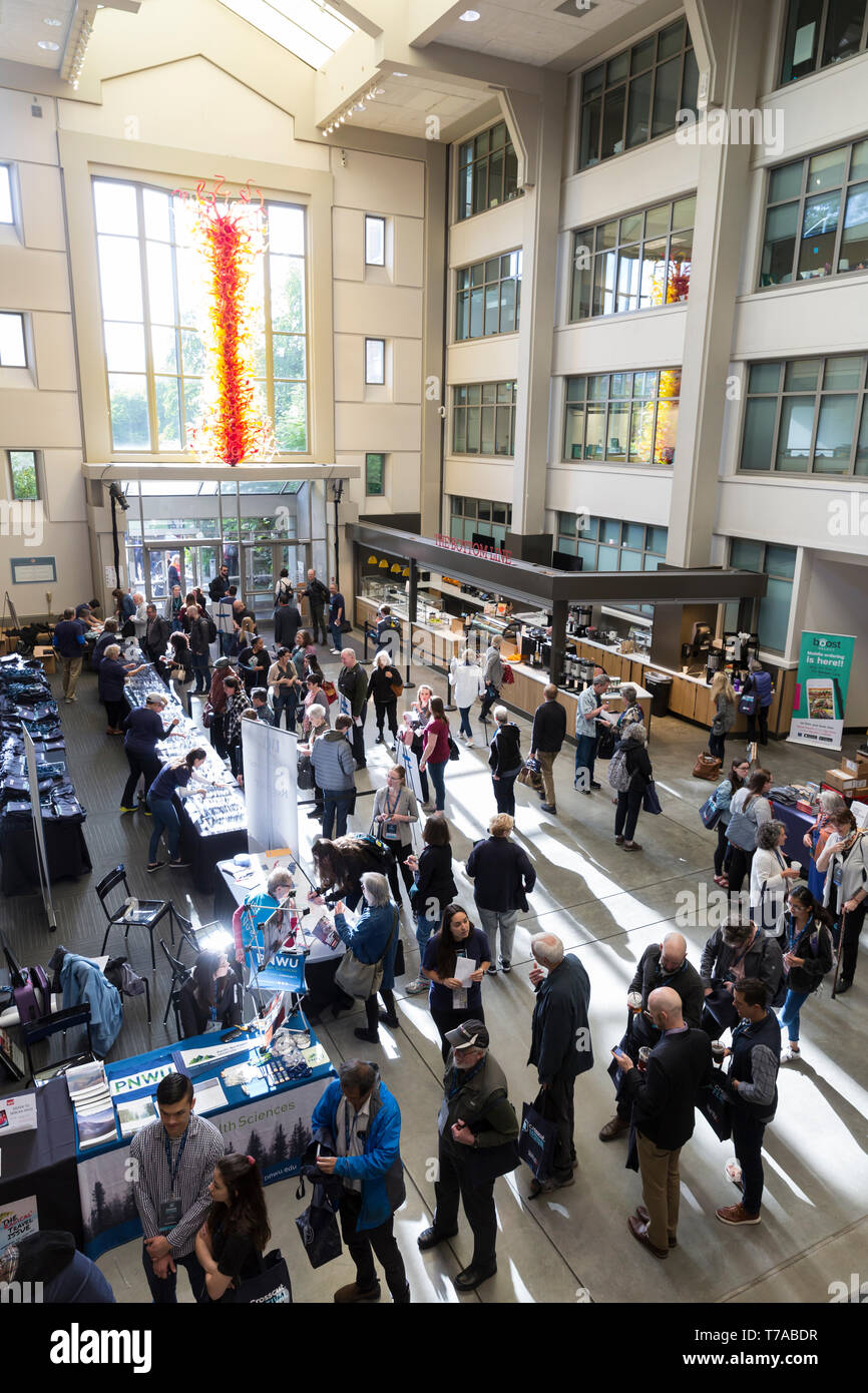 Seattle, Washington: Attendees register in the Pigott Building for the Crosscut Festival. Seattle University hosted the second annual festival, a two- Stock Photo