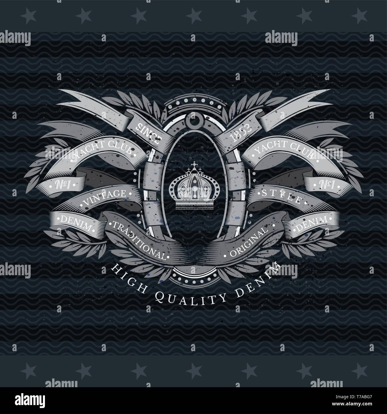 Crown In Center Of Oval Frame Between Ribbons With Laurel Elements. Vintage Label With Coat of Arms On Blackboard Stock Vector