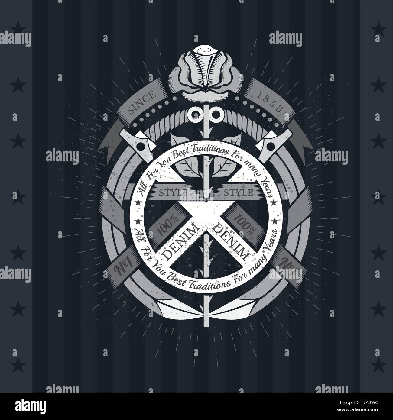 Rose in center of round frame from bent swords and ribbons. Heraldic vintage label on blackboard Stock Vector