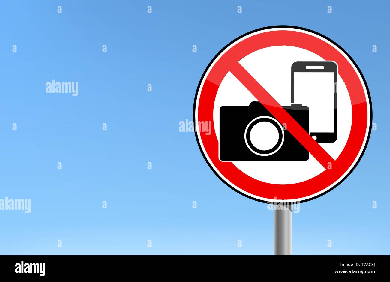 A Photo and phone forbidden warning sign vector illustration with sky background Stock Vector