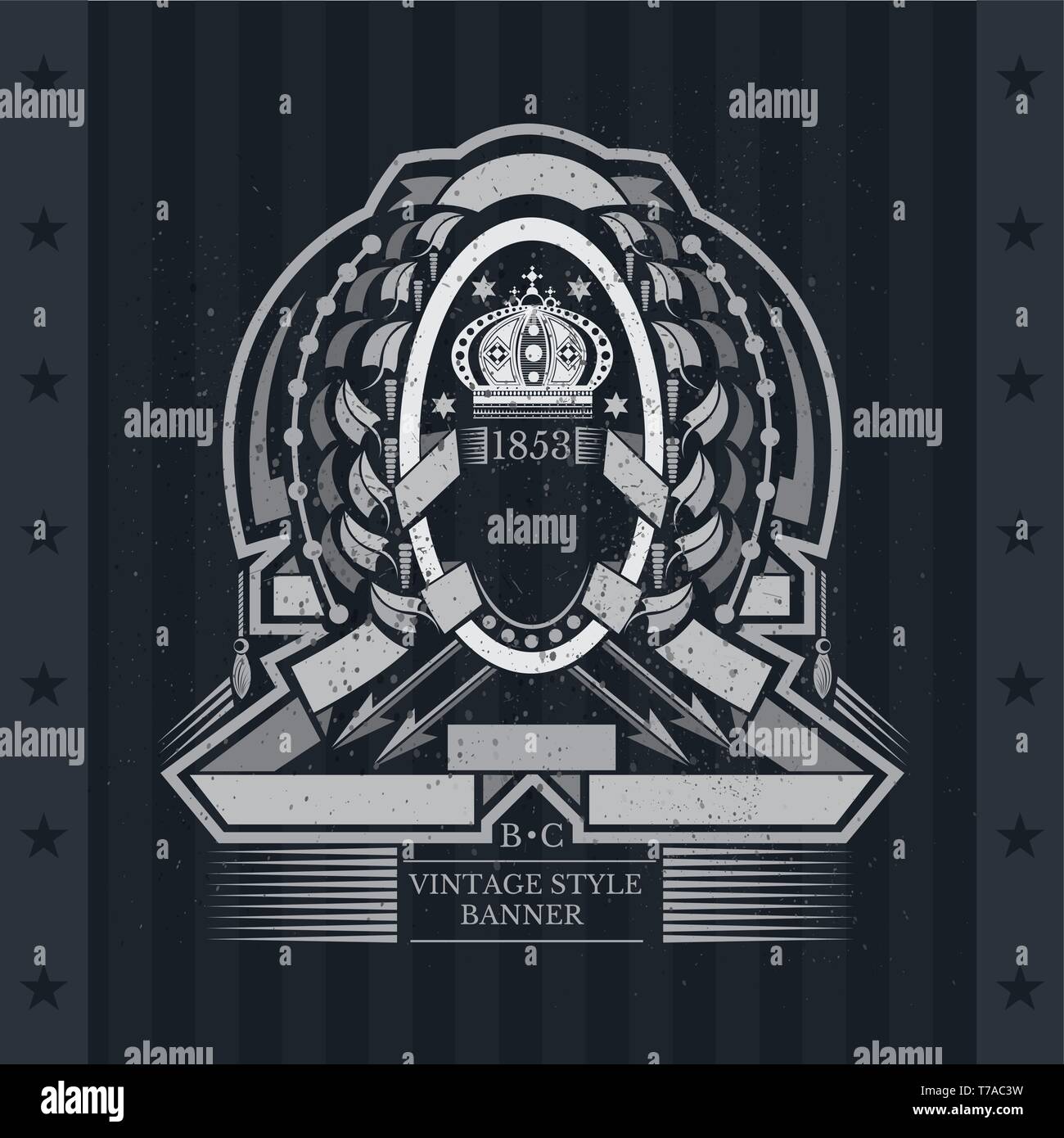 Oval frame with crown and ribbons in the center of leaf element and arrows. Vector heraldic element for design or t-shirt print on blackboard Stock Vector