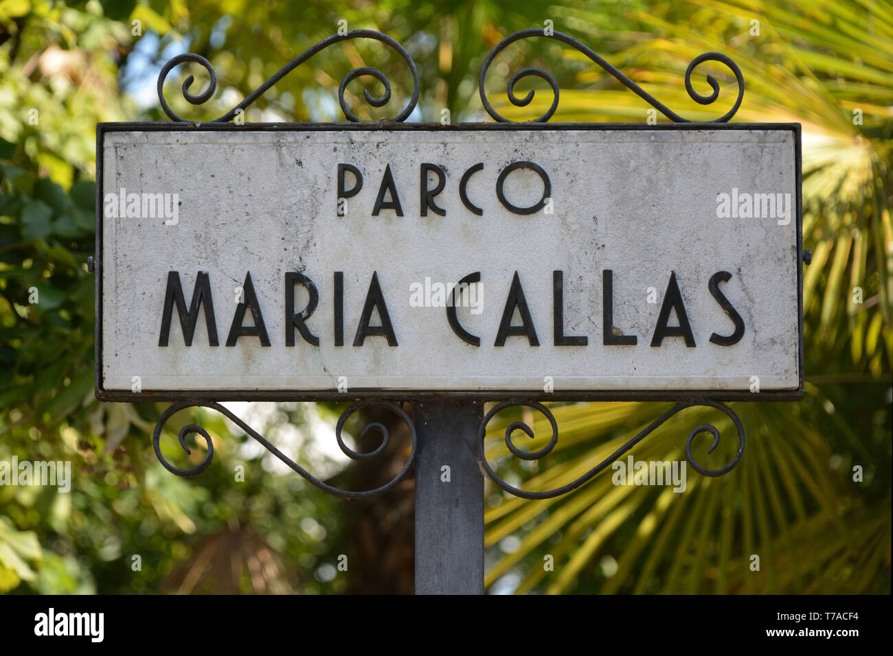 Sirmione, Lombardy, Italy - September 04, 2018: Place sign of the Parco Maria Callas in Sirmione on the Lake Garda - Italy. Stock Photo