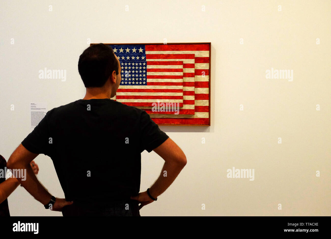 A visitor in front of Three Flags (1958) by American artist Jasper Johns. Whitney Museum of American Art. New York City.USA Stock Photo