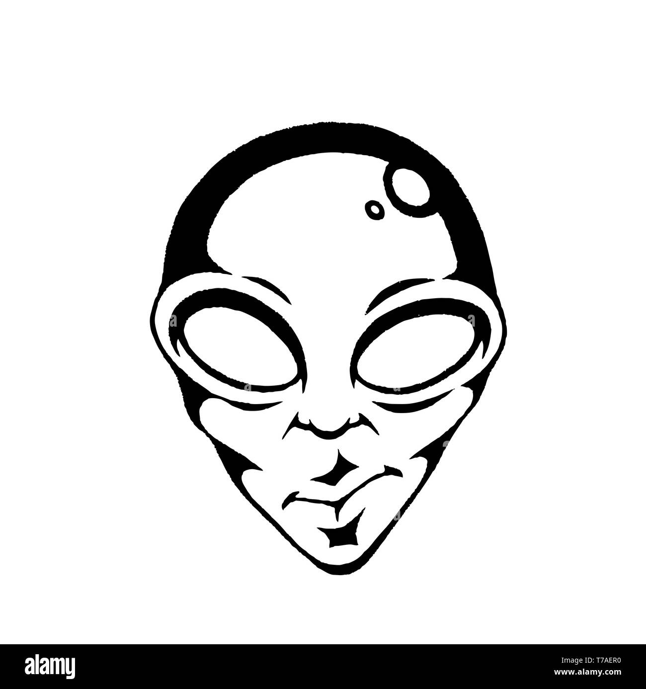 Vector Illustration of a Scratchboard Style Ink Drawing of an Alien Face Stock Photo