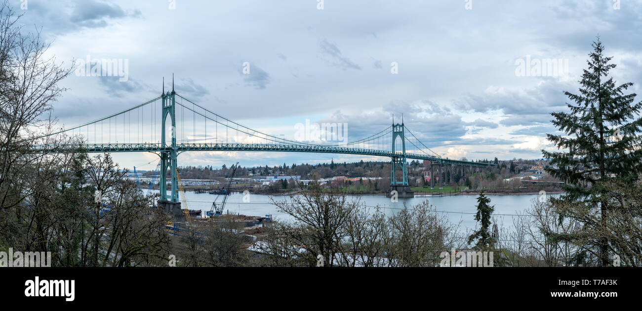 Looking at the North Side of St John Bridge With Cathedral Park in the Background Stock Photo