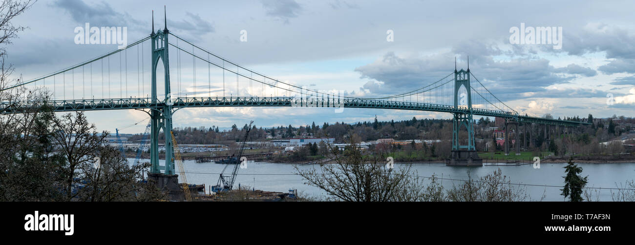 Large Panoramic View of St Johns Bridge in Portland OR Stock Photo