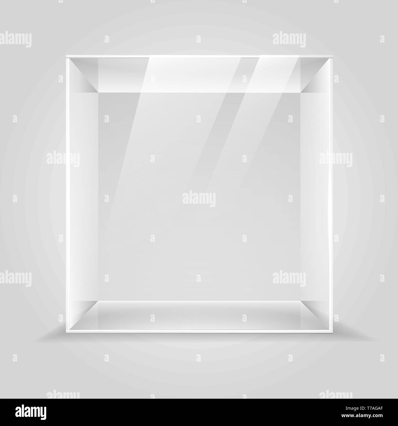 Glass showcase. Empty glass display box, 3d museum lighting cube illustration, transparent product shop or gallery presenting podium Stock Vector