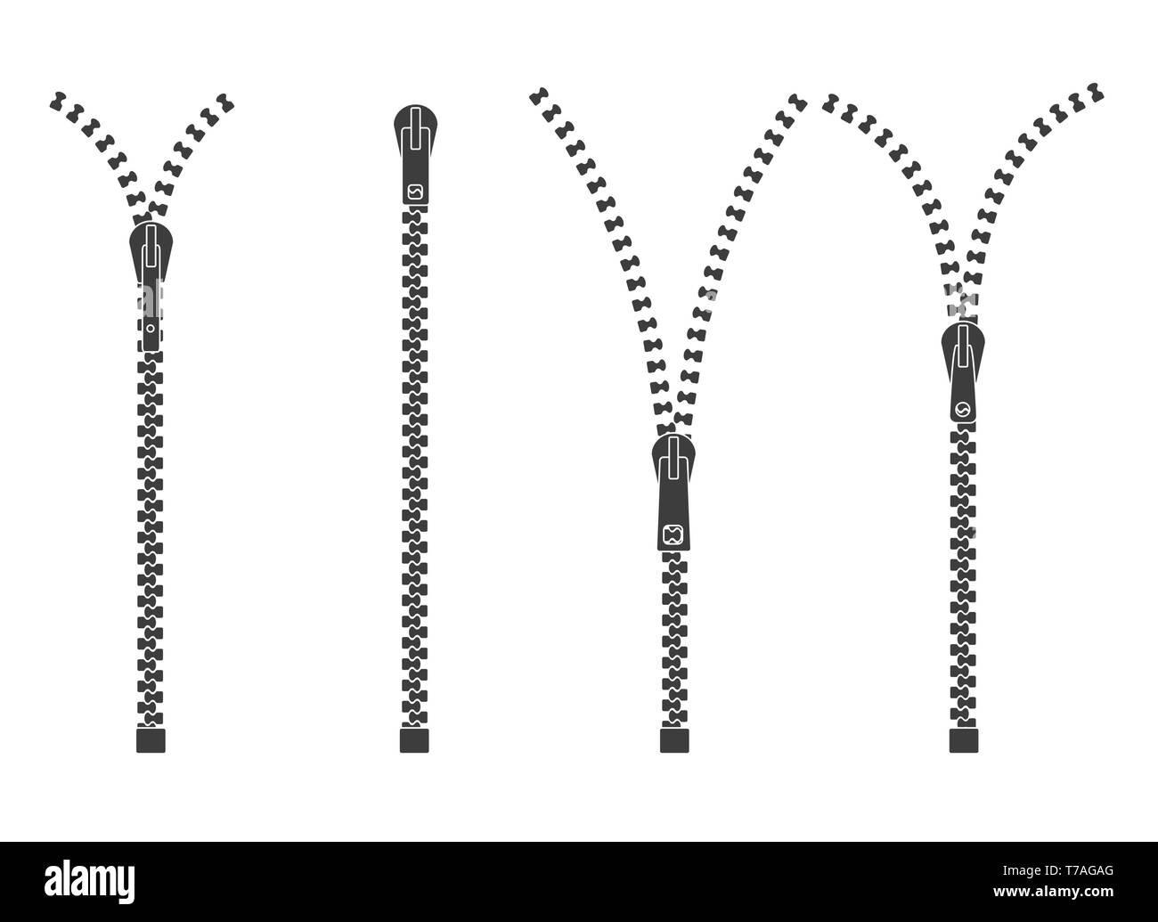 Zipper. Clothes zips vector illustration, split cloth pulling zip isolated on white, open or unzipped and close or zipped metalzip set Stock Vector