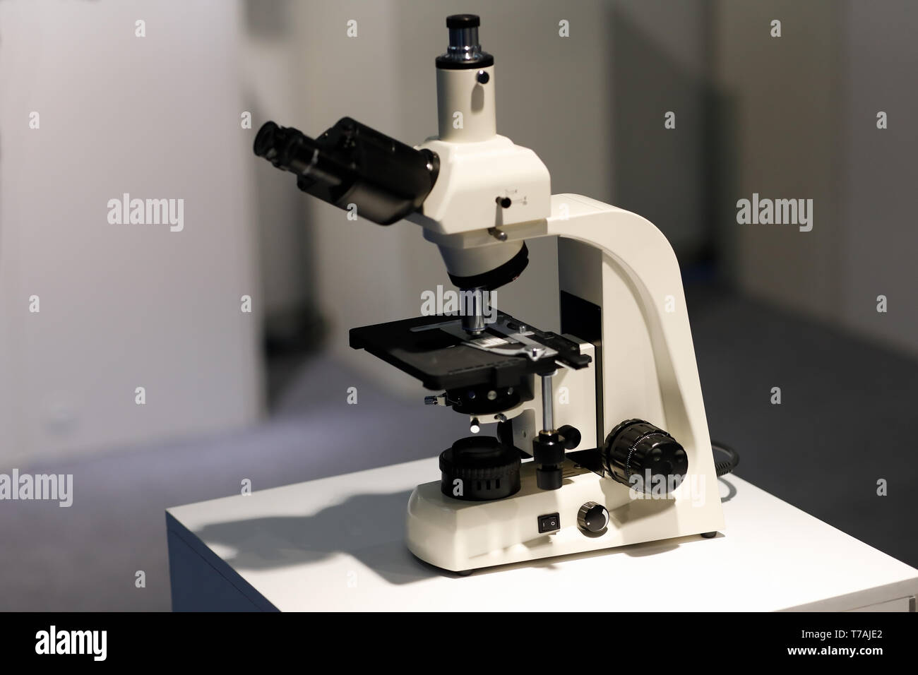 Laboratory microscope with a trinocular head. Selective focus. Stock Photo