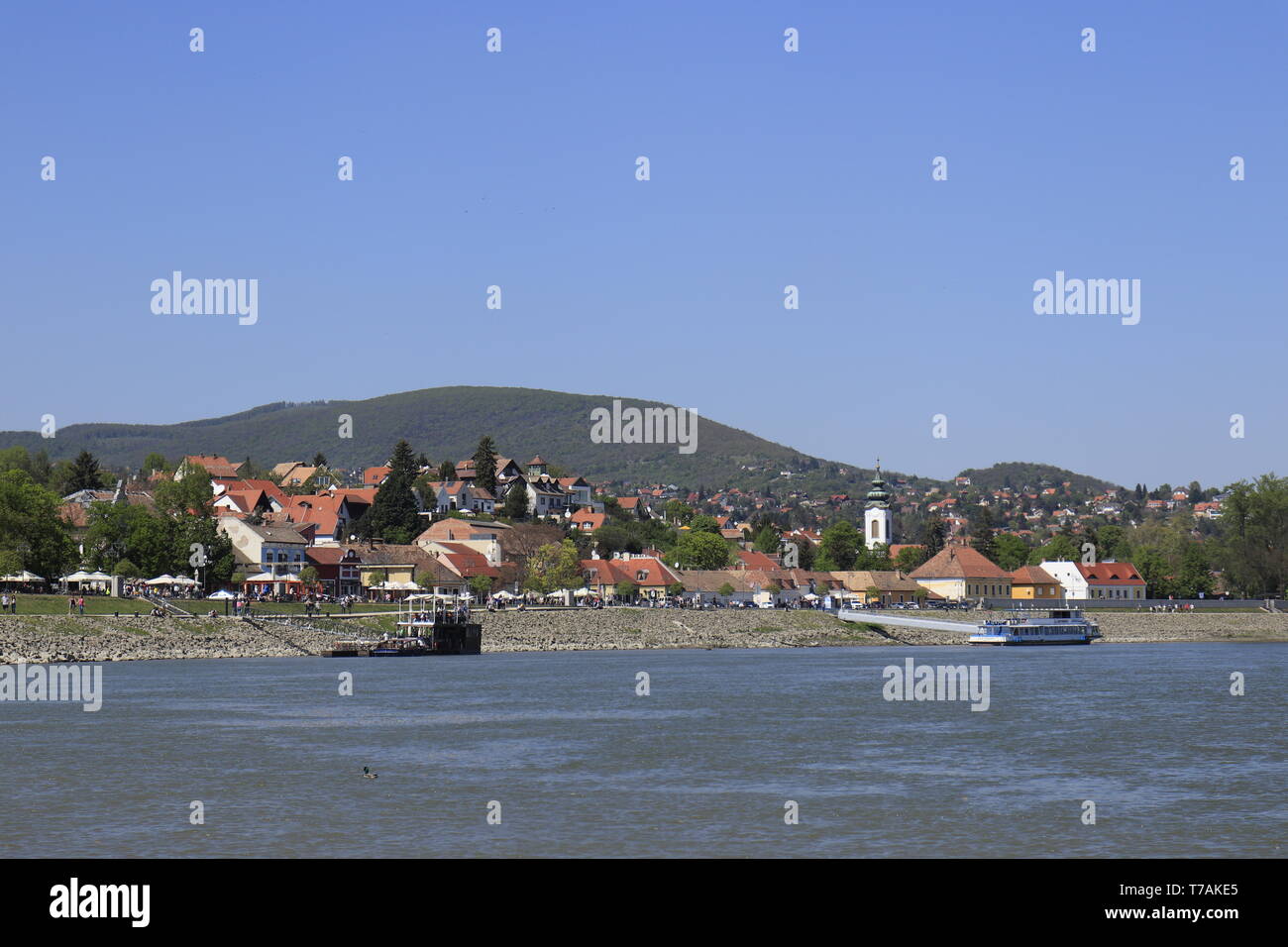 Szentendre village skyline seen from across the river, Hungary Stock Photo