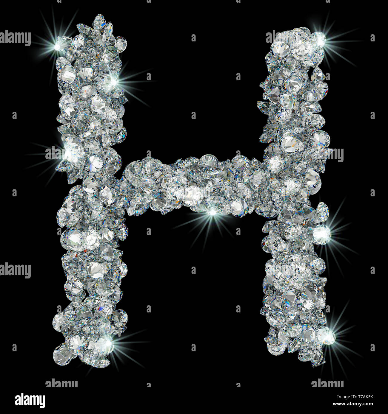 Letter H from diamonds. 3D rendering isolated on black background