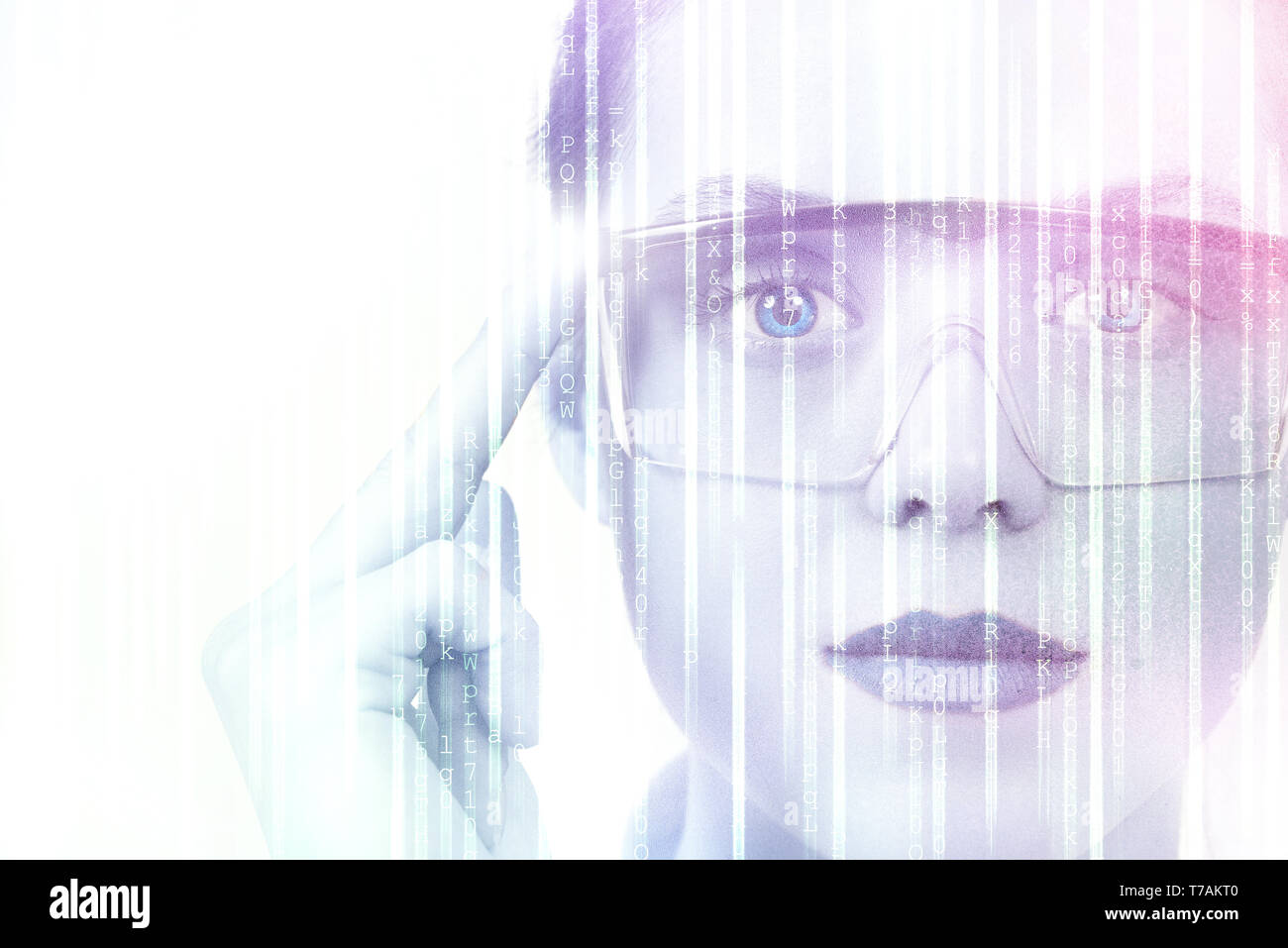 Smart glasses and augmented reality concept. Woman wearing modern spectacles with futuristic screen Stock Photo
