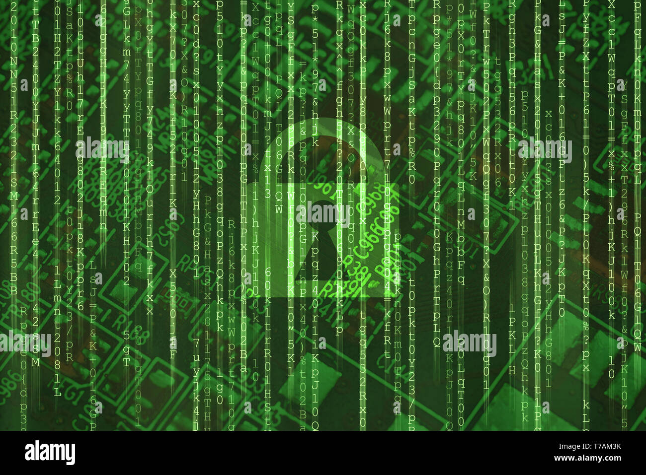 Cyber security access lock on binary matrix green background Internet online data protection Stock Photo
