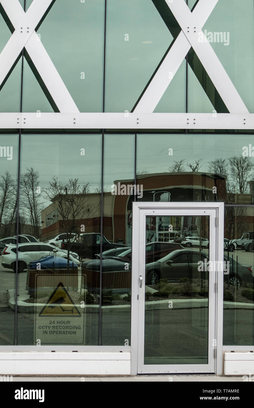 Glass door and wall, modern structure and reflexions, Waterloo Boardwalk Mall. Stock Photo