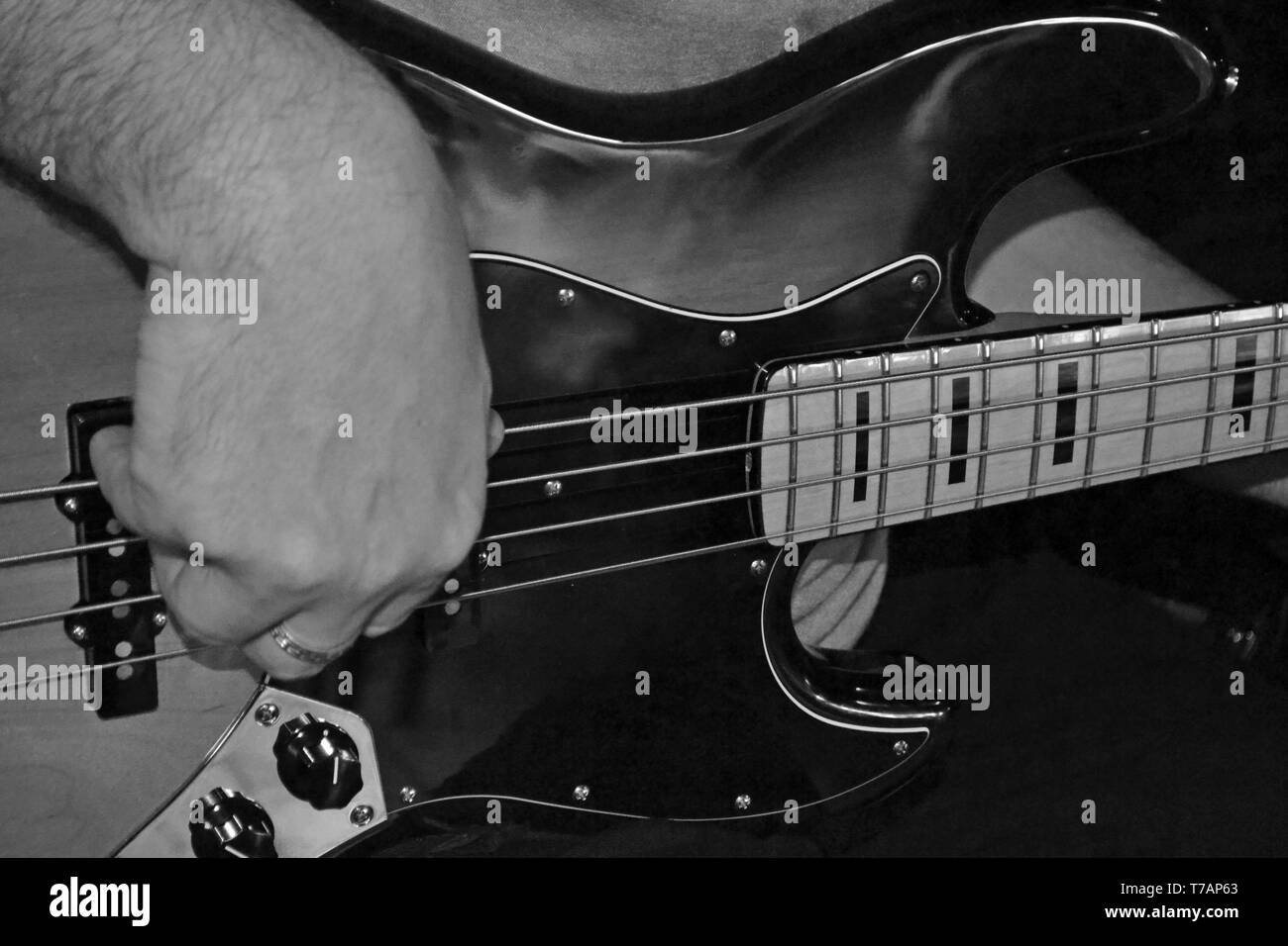 Bass player in black and white Stock Photo