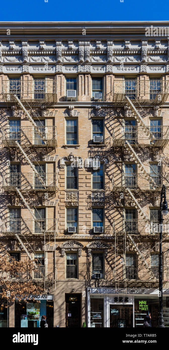 NEW YORK CITY- MARCH 26, 2018 : Fire exit staircase building Soho streets one of the main Manhattan Landmarks Stock Photo