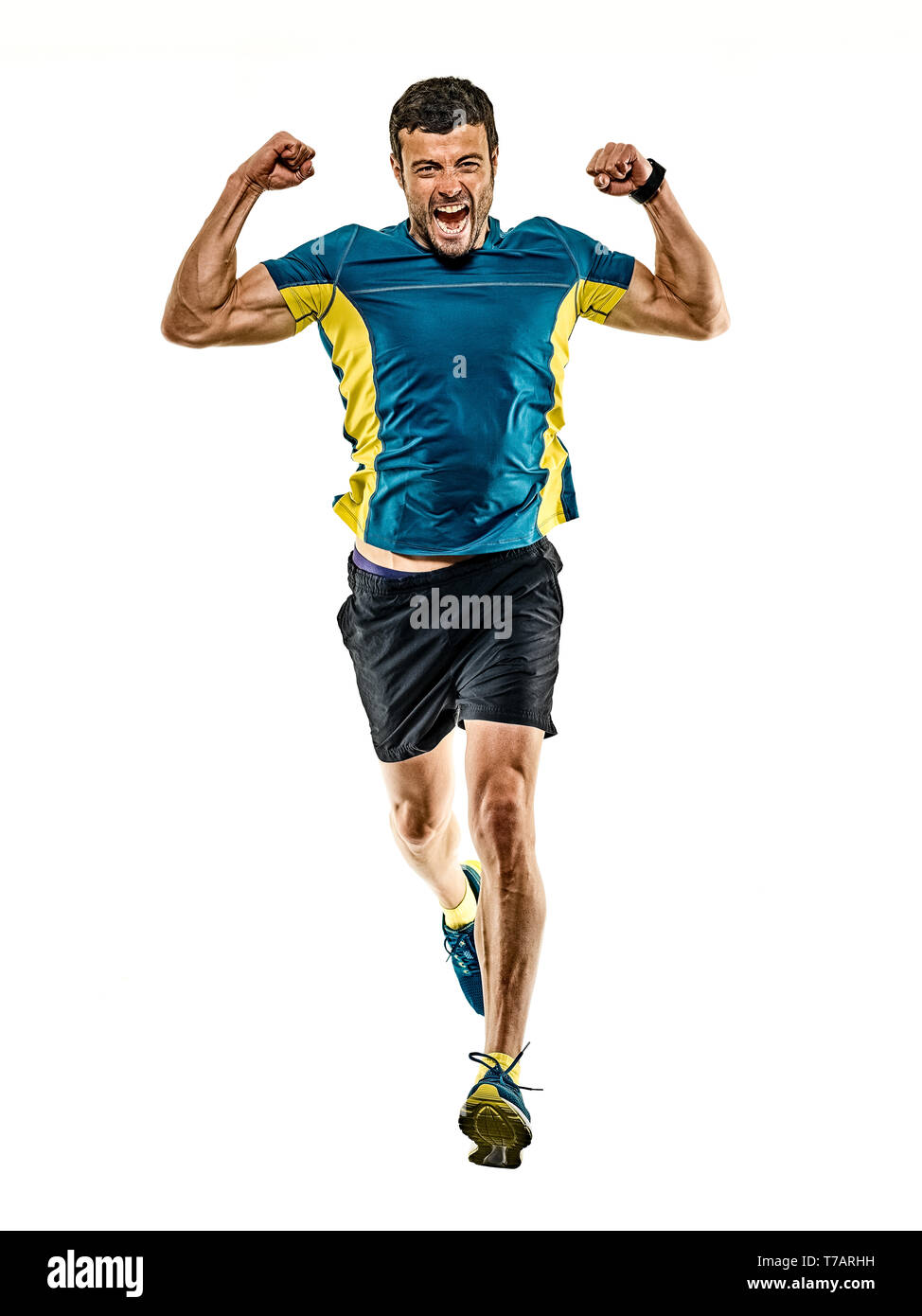 one caucasian handsome mature man running runner jogging jogger isolated on white background Stock Photo