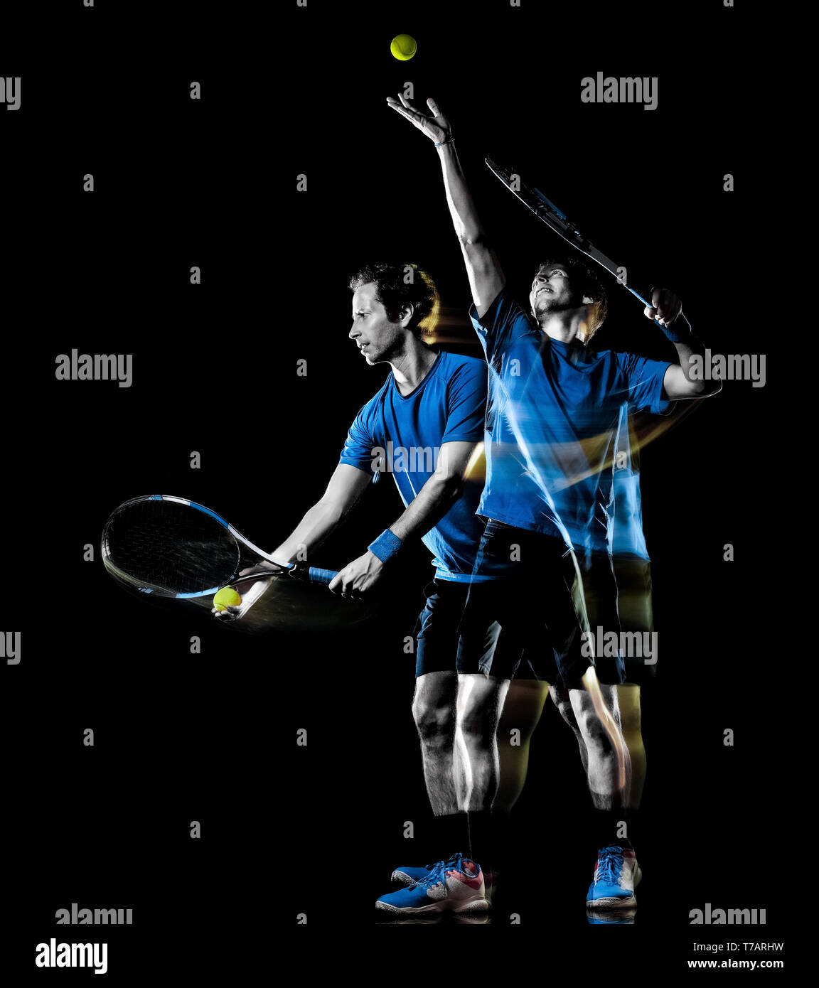 one caucasian tennis player man isolated black background in light painting speed motion multiple exposure Stock Photo