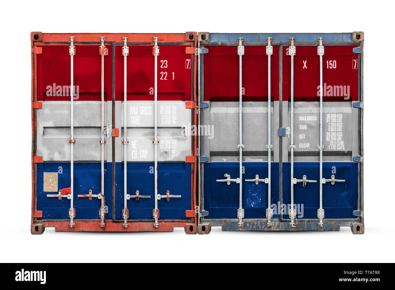 The concept of Netherlands  export-import and national delivery of goods. Close-up of the container with the national flag of Netherlands on white iso Stock Photo