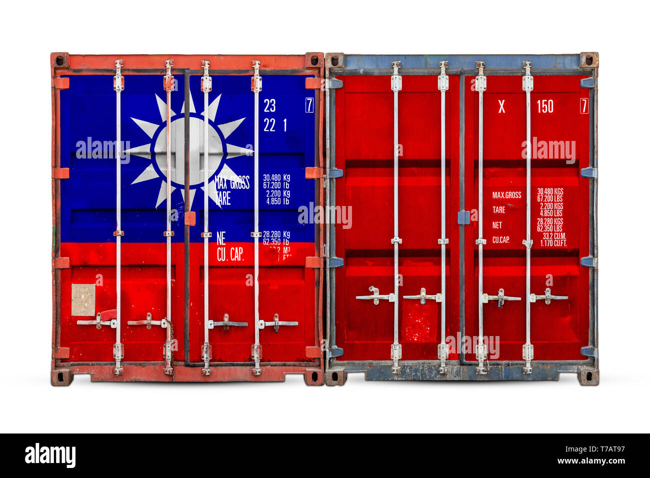 The concept of Taiwan export-import and national delivery of goods. Close-up of the container with the national flag of Taiwan on white isolated backg Stock Photo