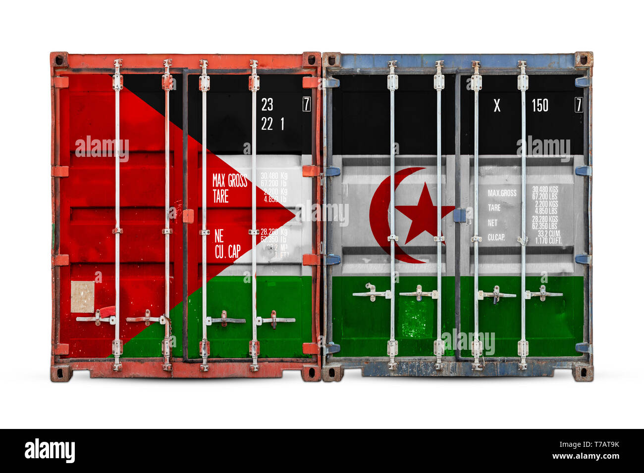 The concept of West Sahara  export-import and national delivery of goods. Close-up of the container with the national flag of West Sahara on white iso Stock Photo