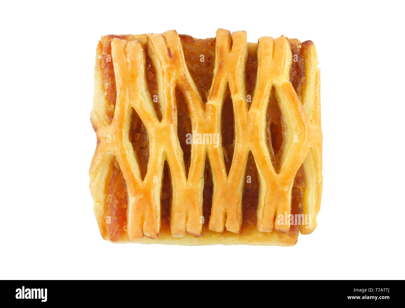 Square openwork cookie with jam isolated on white Stock Photo