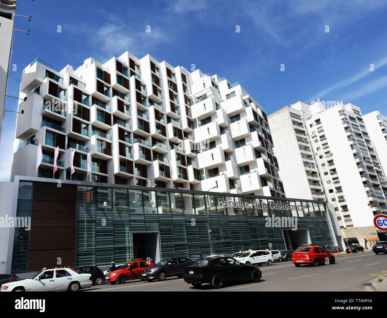 New modern buildings painted in the Iconic white color of Casablanca. Stock Photo