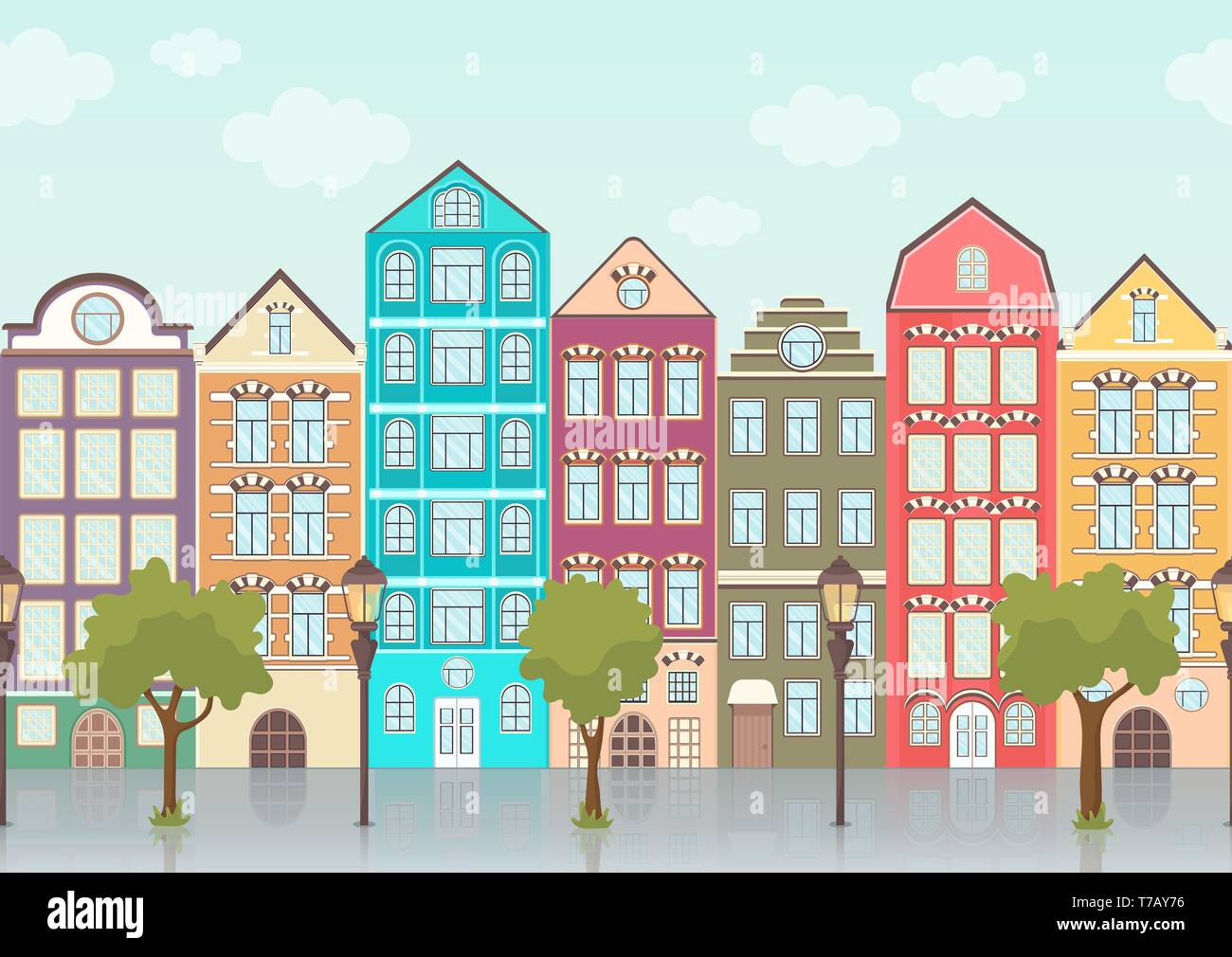 Street with colorful houses, trees and lanterns, seamless border, urban landscape, old city background. Multicolored European houses in row with blue  Stock Vector