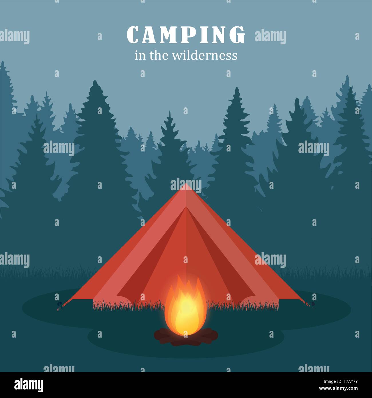 camping in the wilderness red tent in forest with campfire vector illustration EPS10 Stock Vector