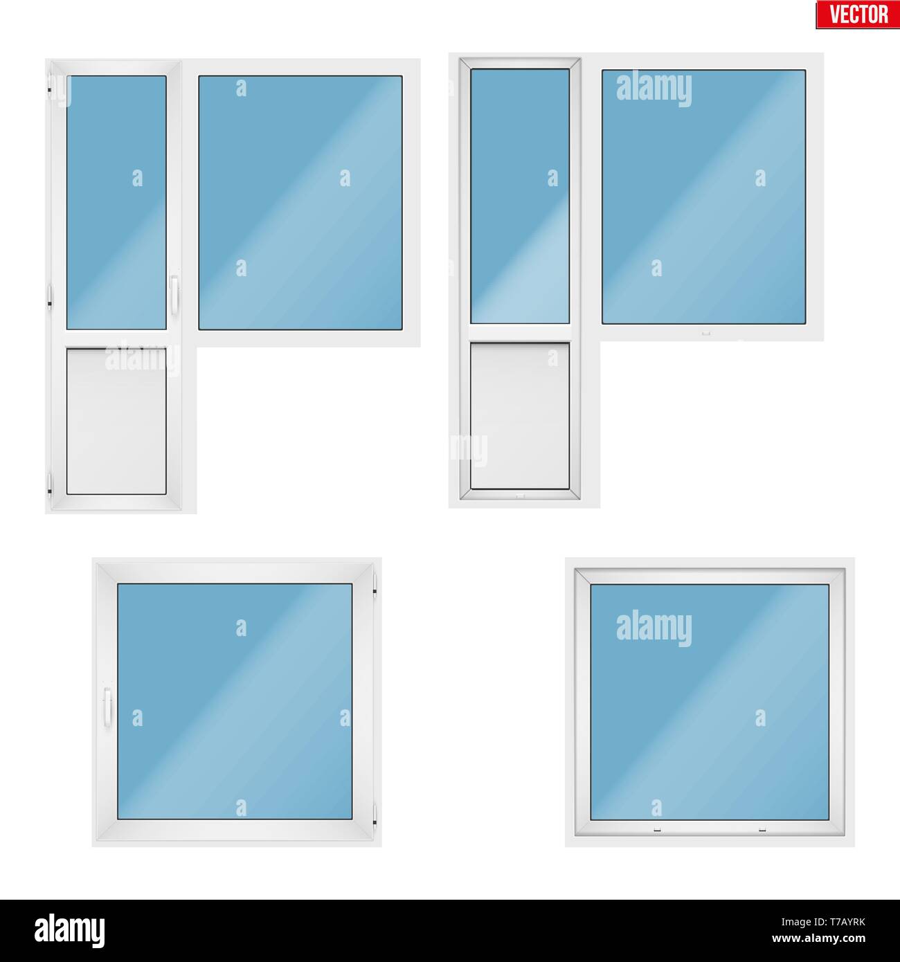 Set of Metal plastic PVC balcony window and door. Indoor and outside ...