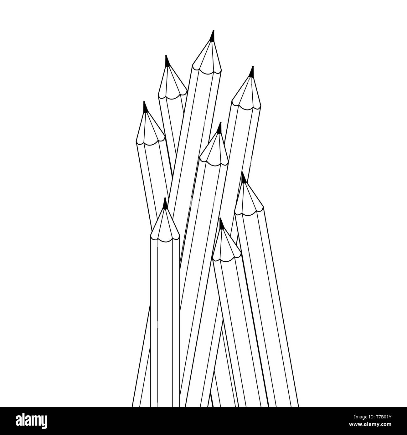 Group of contour drawing black and white color pencils. Isolated objects Stock Vector