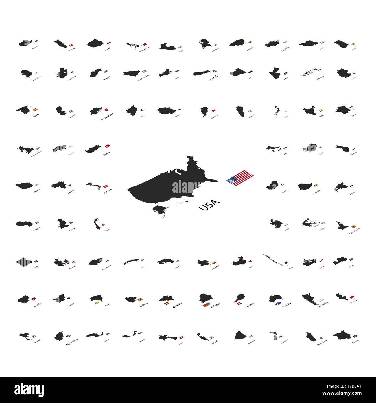 Large set of black silhouettes of world sovereign states with countries flags in isometric view isolated on white Stock Vector