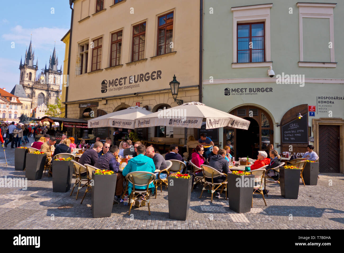 Bar cafe terrace, Namesti Franze Kafky, Old town, Prague, Czech Republic Stock Photo