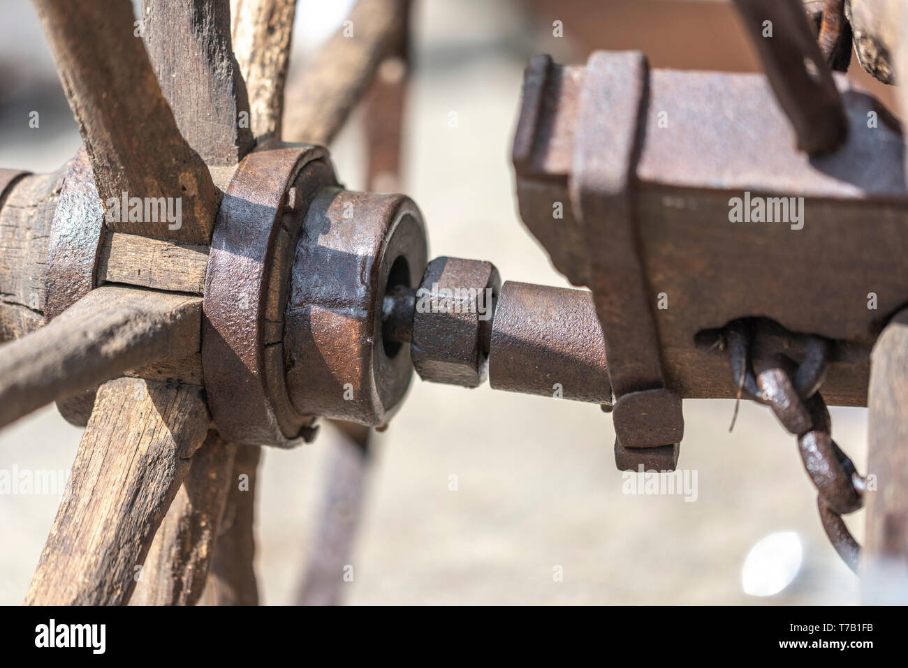 Closeup of antique plough wheel hub Stock Photo