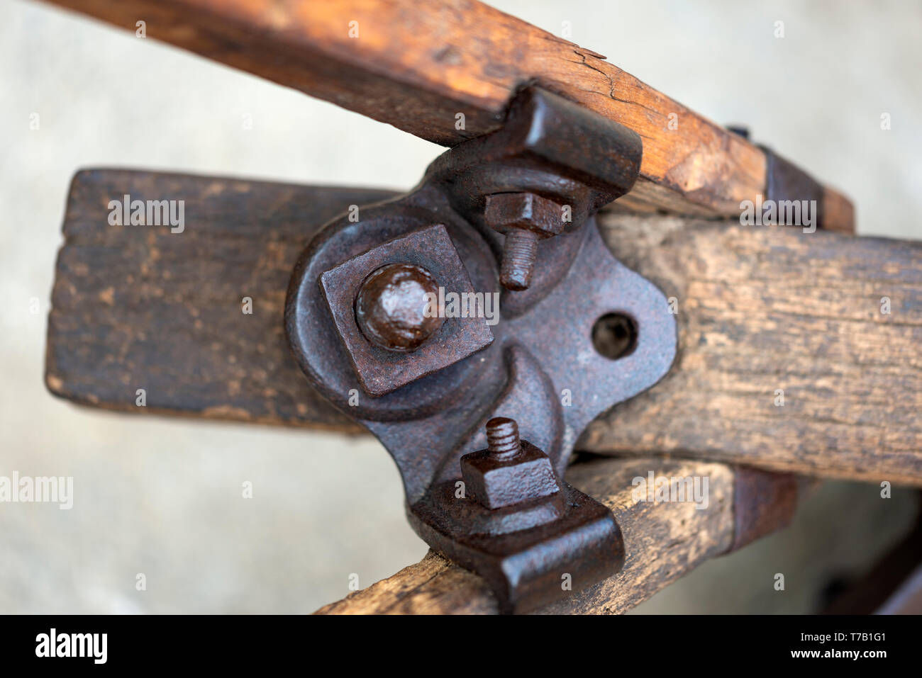 Closeup of a vintage iron plough joint Stock Photo