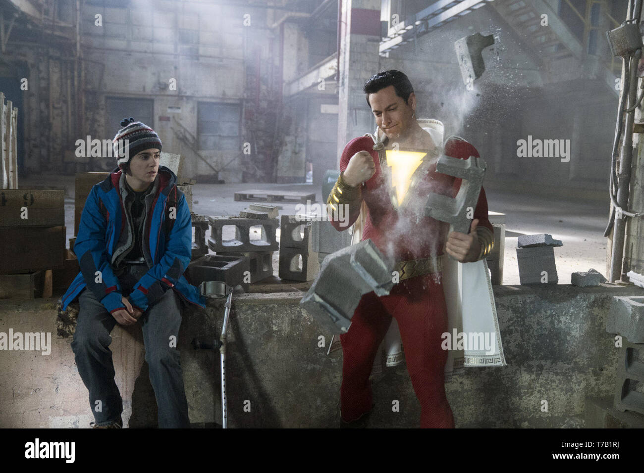 Shazam! is a 2019 American superhero comedy film based on the DC Comics character of the same name. Produced by New Line Cinema and distributed by Warner Bros. Pictures, it is the seventh installment in the DC Extended Universe (DCEU).    This photograph is for editorial use only and is the copyright of the film company and/or the photographer assigned by the film or production company and can only be reproduced by publications in conjunction with the promotion of the above Film. A Mandatory Credit to the film company is required. The Photographer should also be credited when known. Stock Photo