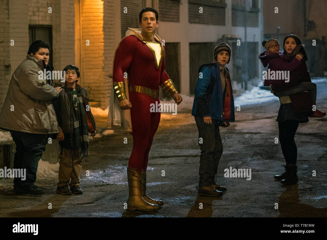 Shazam! is a 2019 American superhero comedy film based on the DC Comics character of the same name. Produced by New Line Cinema and distributed by Warner Bros. Pictures, it is the seventh installment in the DC Extended Universe (DCEU).    This photograph is for editorial use only and is the copyright of the film company and/or the photographer assigned by the film or production company and can only be reproduced by publications in conjunction with the promotion of the above Film. A Mandatory Credit to the film company is required. The Photographer should also be credited when known. Stock Photo